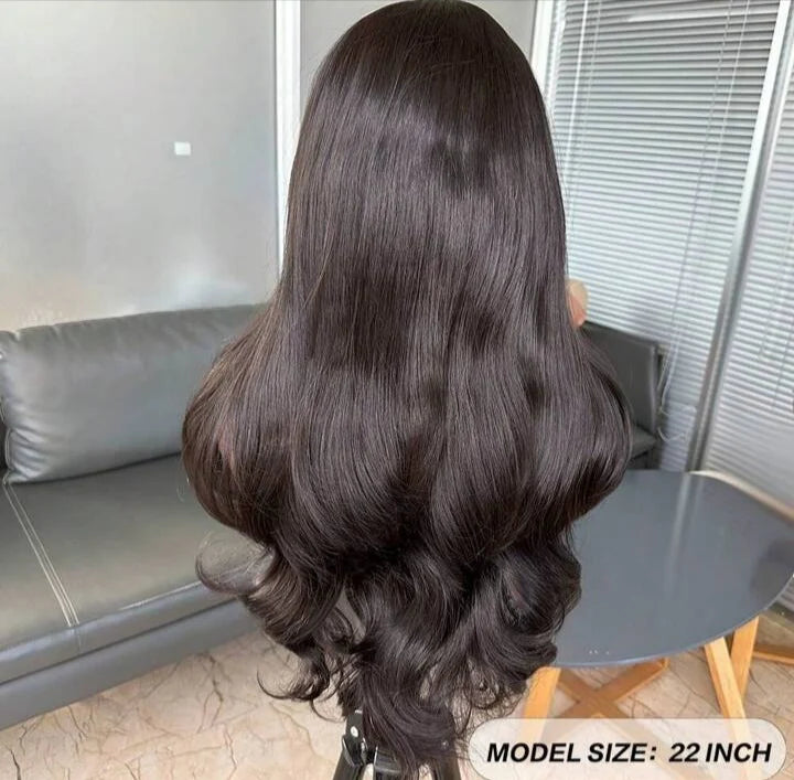 Natural Black Curtain Bangs Human blend Lace Front Wig 22 inch