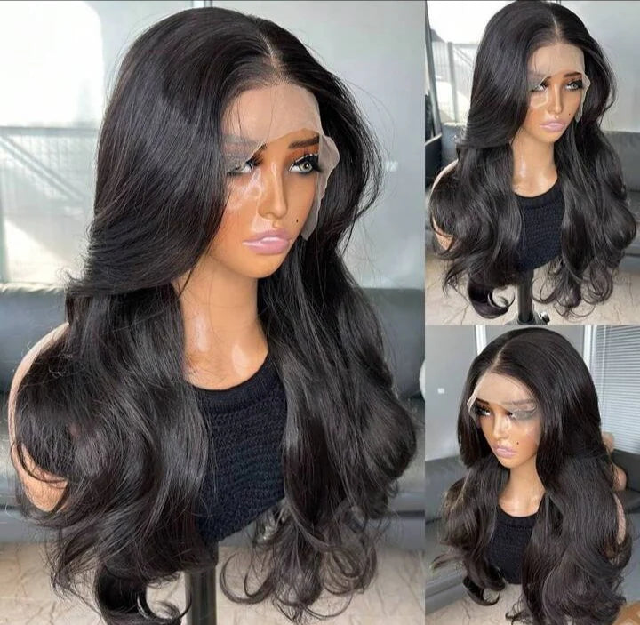 Natural Black Curtain Bangs Human blend Lace Front Wig 22 inch